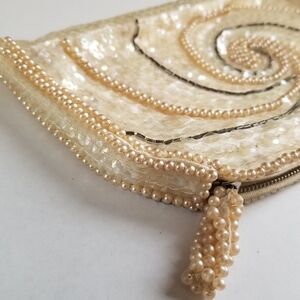 Cream Sequins Clutch. Faux Pearl. 60s La Regale. Fancy Handbag.